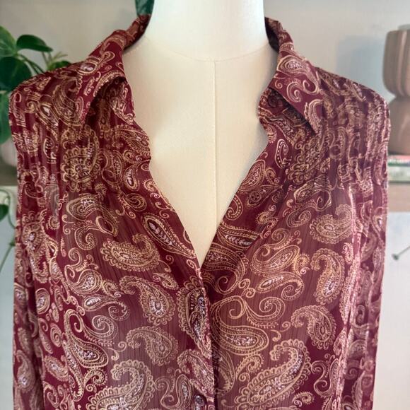 Express Burgundy Paisley Long Sleeve Sheer Button Front Blouse Large Office Fall - Picture 4 of 7